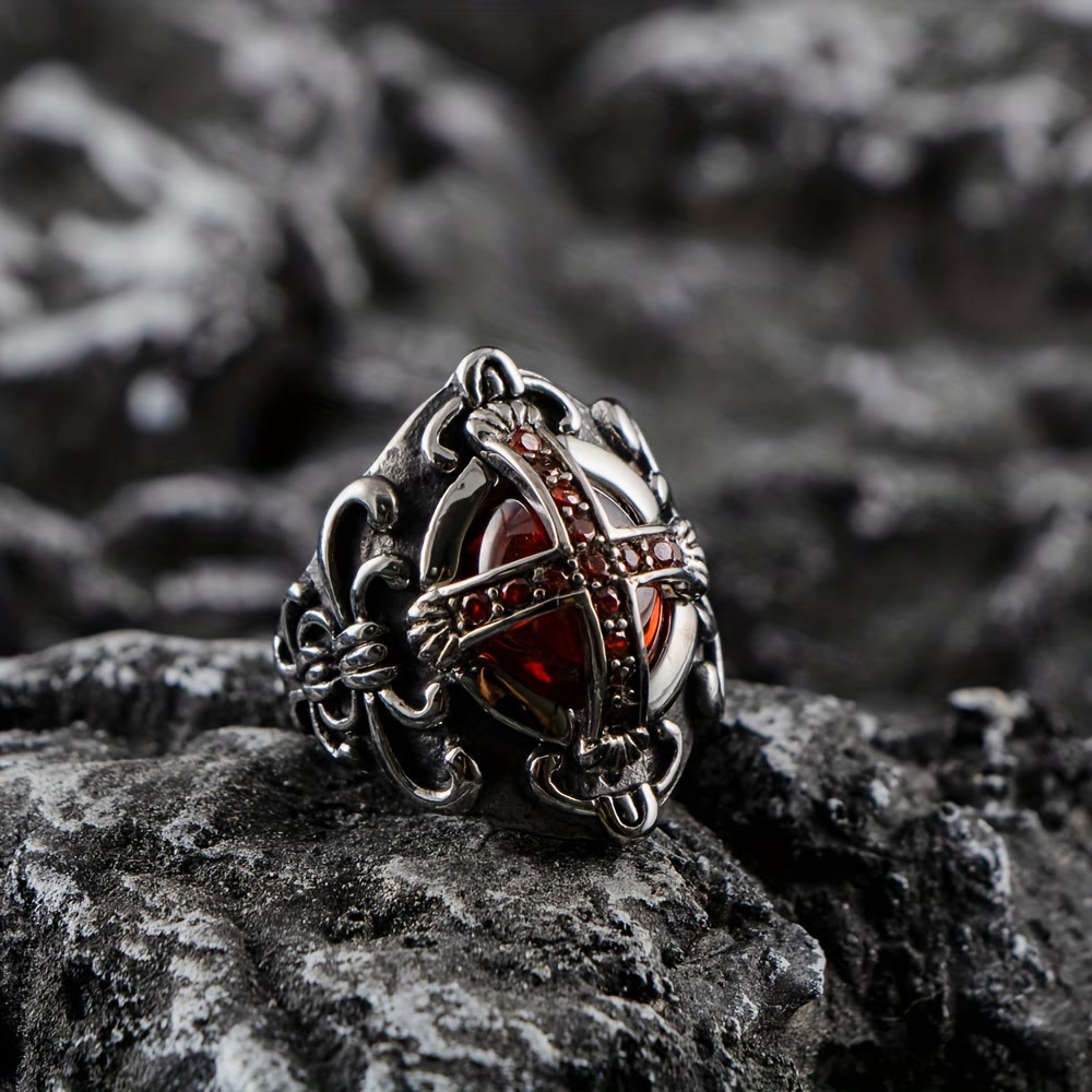 WorldNorse Gothic Red Stone Cross Ring