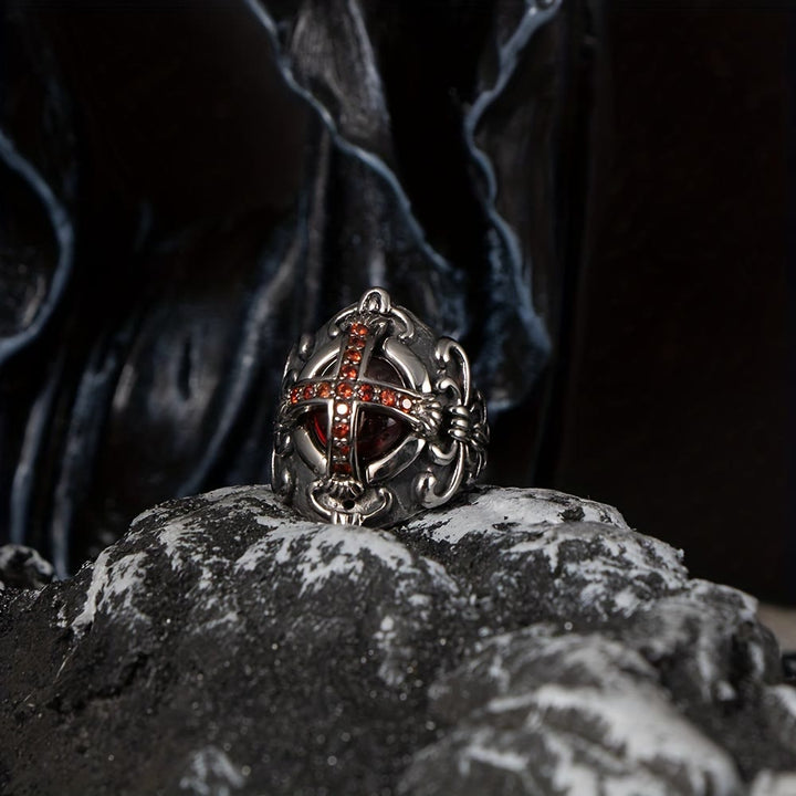 WorldNorse Gothic Red Stone Cross Ring