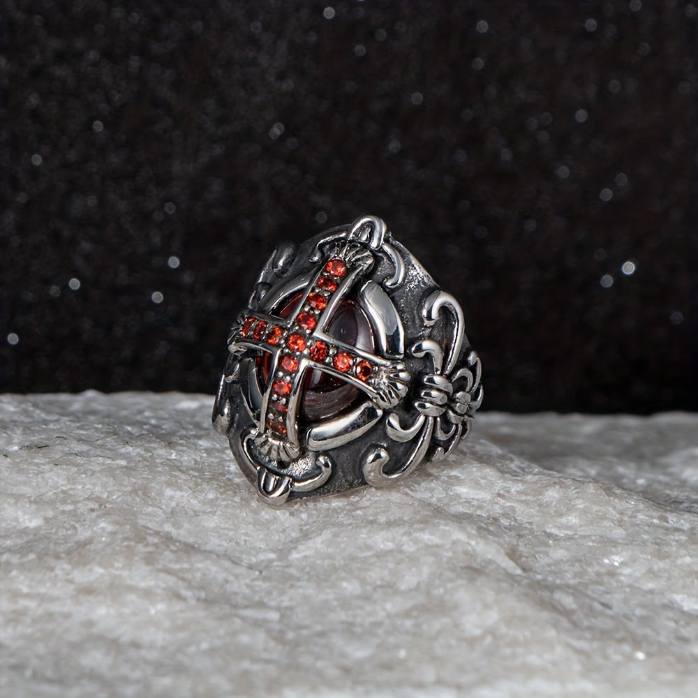 WorldNorse Gothic Red Stone Cross Ring