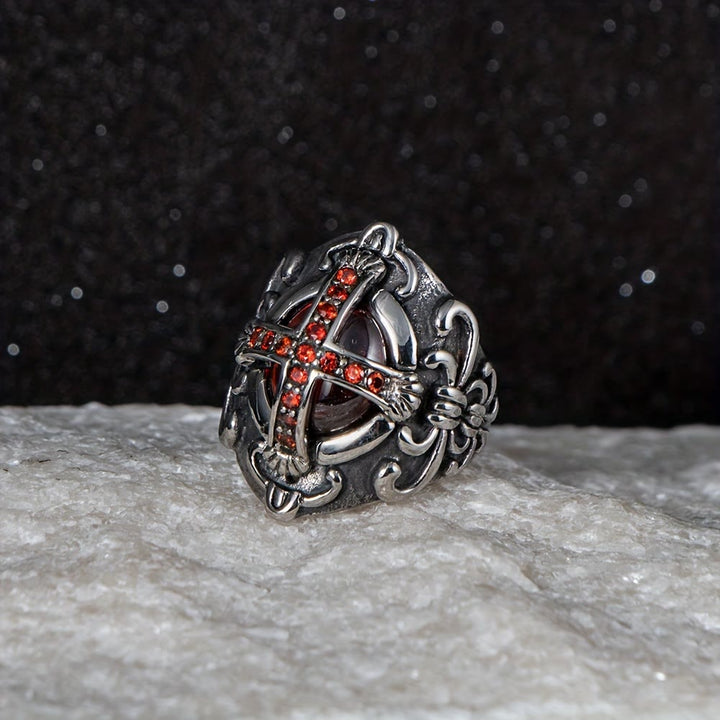 WorldNorse Gothic Red Stone Cross Ring