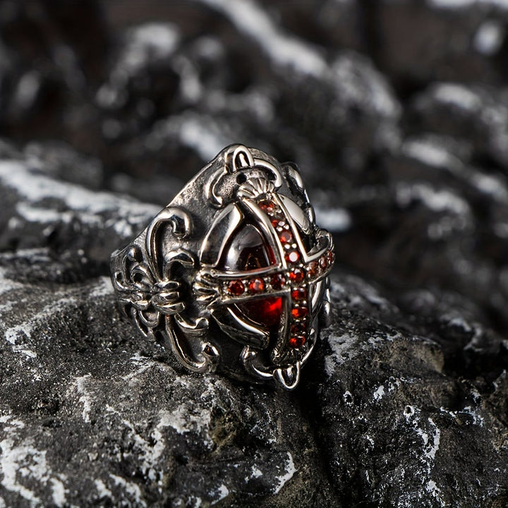 WorldNorse Gothic Red Stone Cross Ring