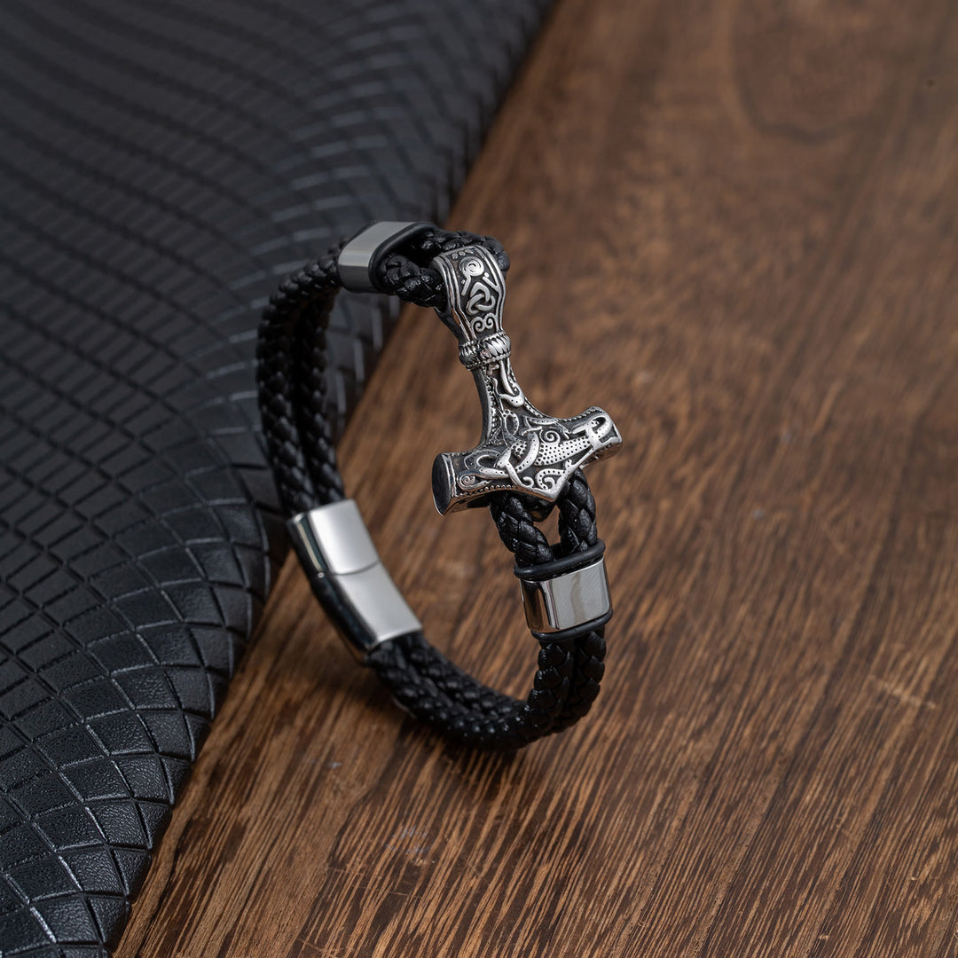 WorldNorse Thor's Hammer Braided Leather Bracelet