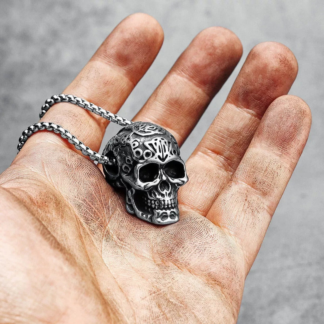 WorldNorse Engraved Skull Head Pendant Necklace