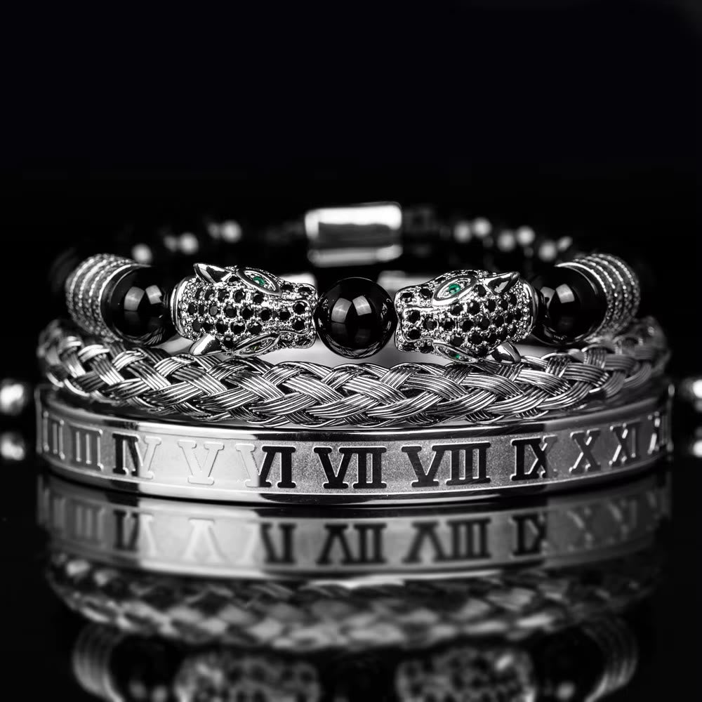 WorldNorse Double Leopard Head Roman Numerals Beaded Bracelet
