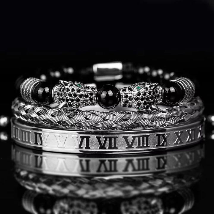 WorldNorse Double Leopard Head Roman Numerals Beaded Bracelet