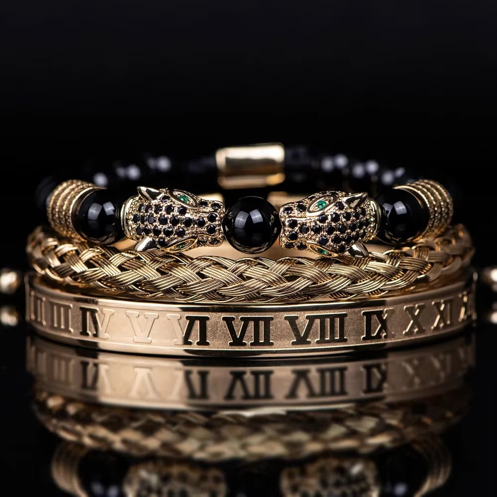 WorldNorse Double Leopard Head Roman Numerals Beaded Bracelet