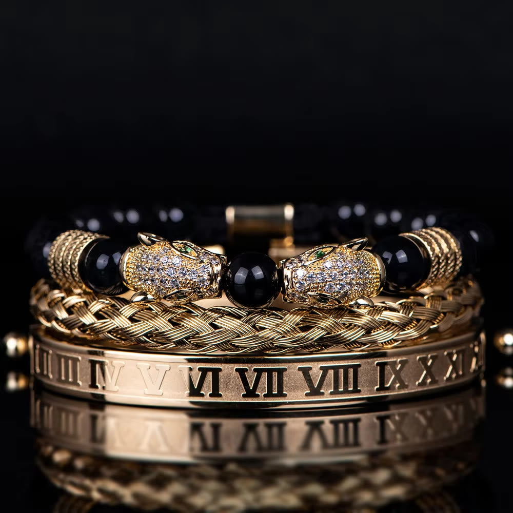 WorldNorse Double Leopard Head Roman Numerals Beaded Bracelet