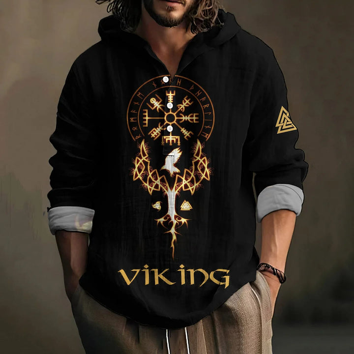 WorldNorse Viking Vegvisir Valknut Rune Yggdrasil Raven Hooded Shirt