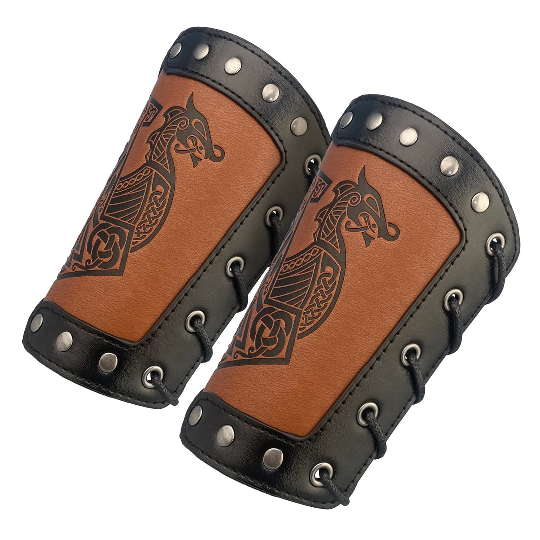 WorldNorse Medieval Leather Mjolnir Valknut Arm Bracers
