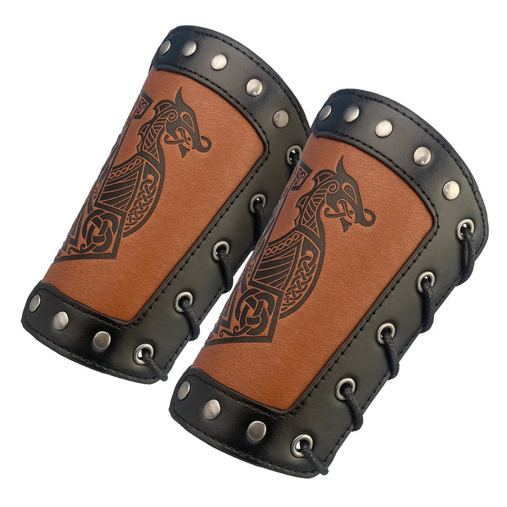 WorldNorse Medieval Leather Mjolnir Valknut Arm Bracers