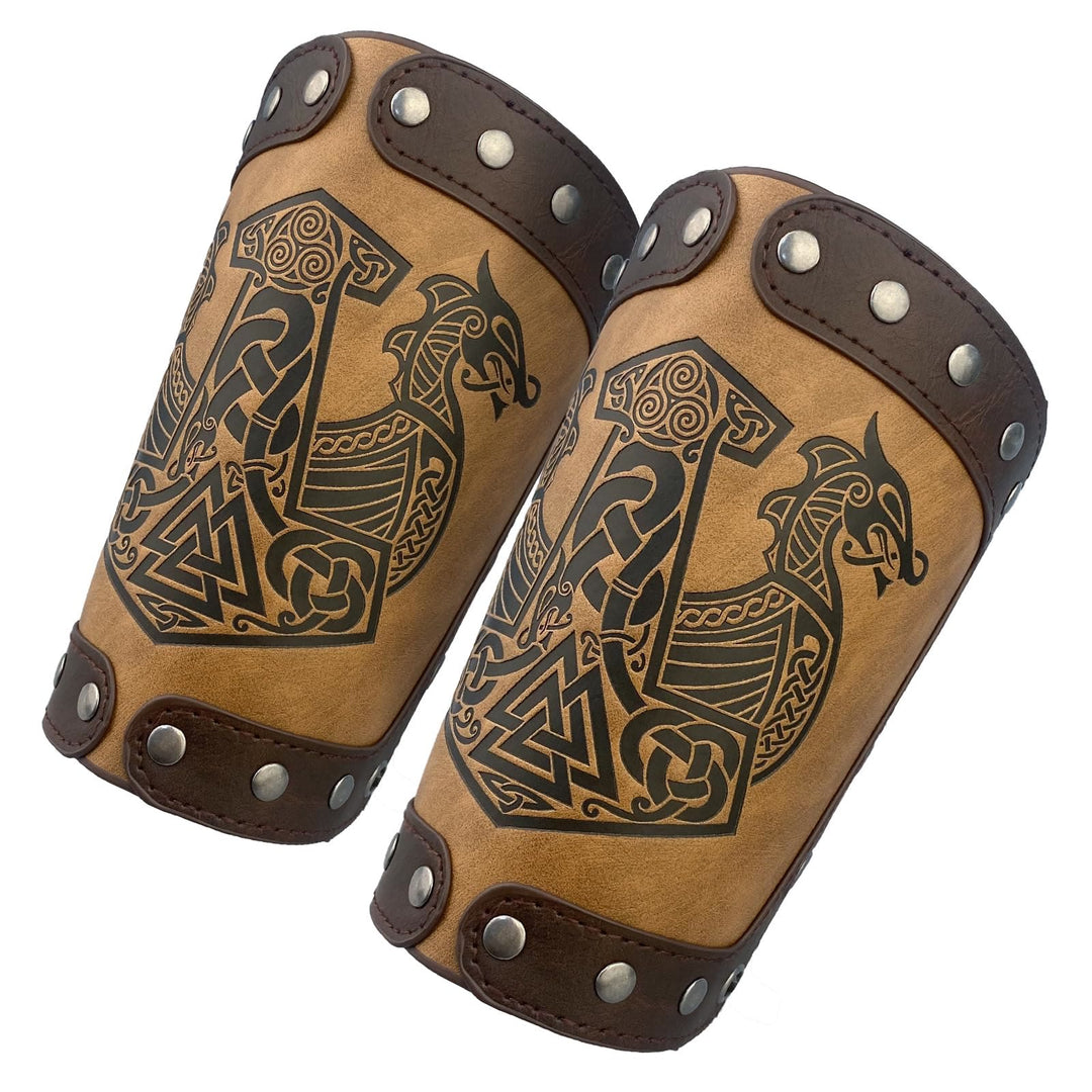 WorldNorse Medieval Leather Mjolnir Valknut Arm Bracers