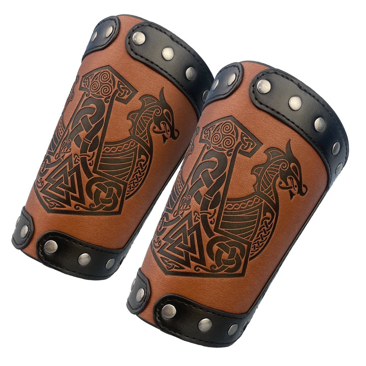 WorldNorse Medieval Leather Mjolnir Valknut Arm Bracers