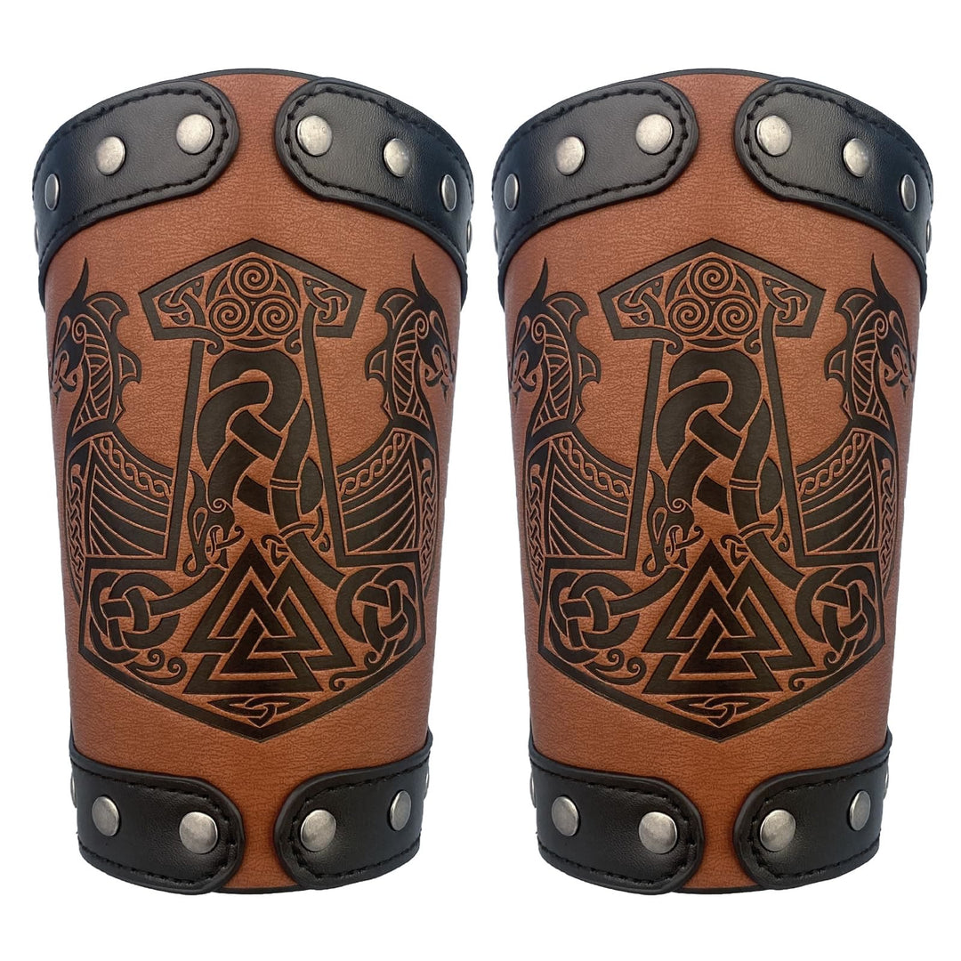 WorldNorse Medieval Leather Mjolnir Valknut Arm Bracers