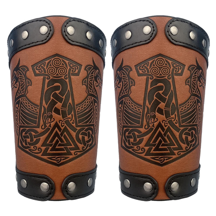 WorldNorse Medieval Leather Mjolnir Valknut Arm Bracers