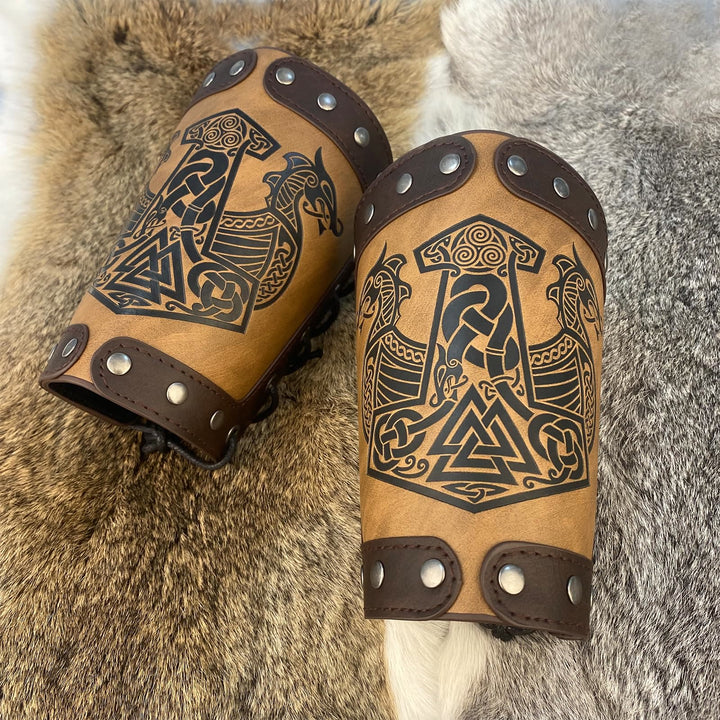 WorldNorse Medieval Leather Mjolnir Valknut Arm Bracers