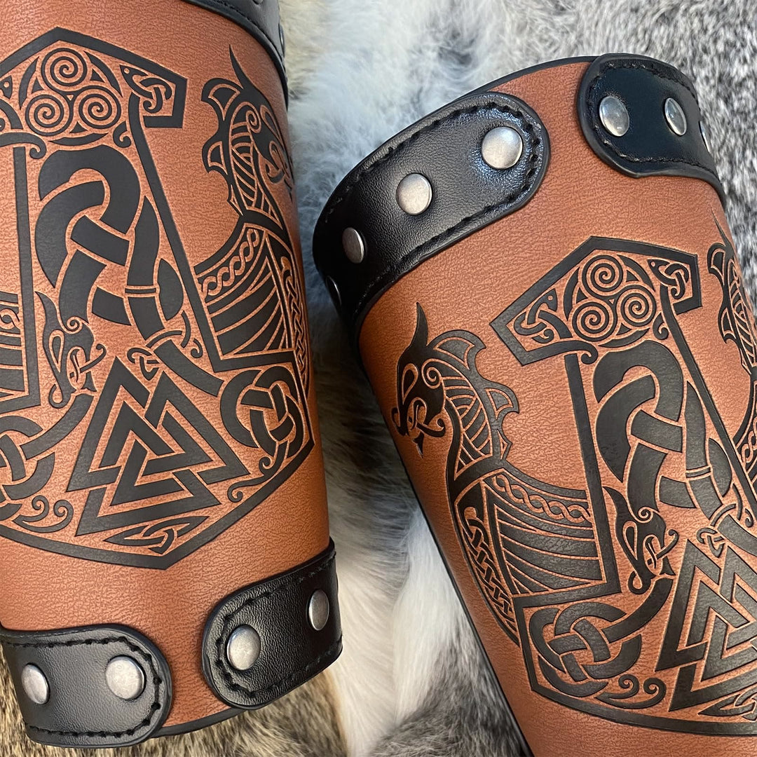WorldNorse Medieval Leather Mjolnir Valknut Arm Bracers