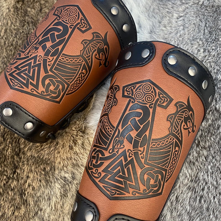 WorldNorse Medieval Leather Mjolnir Valknut Arm Bracers