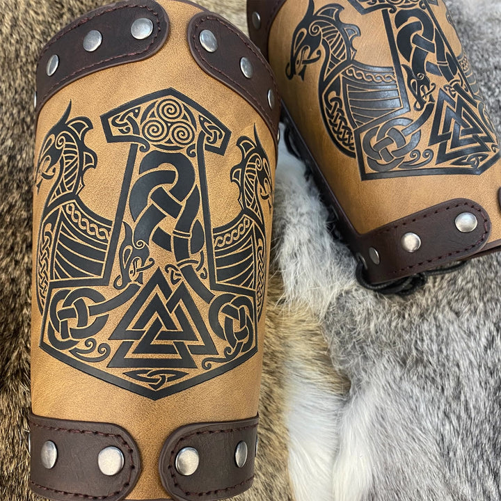 WorldNorse Medieval Leather Mjolnir Valknut Arm Bracers