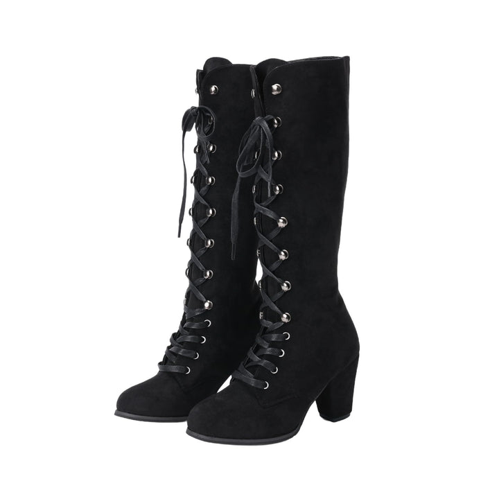 WorldNorse Women Chunky Heel Lace Up Mid Calf Boots - Black - 43 - image 1