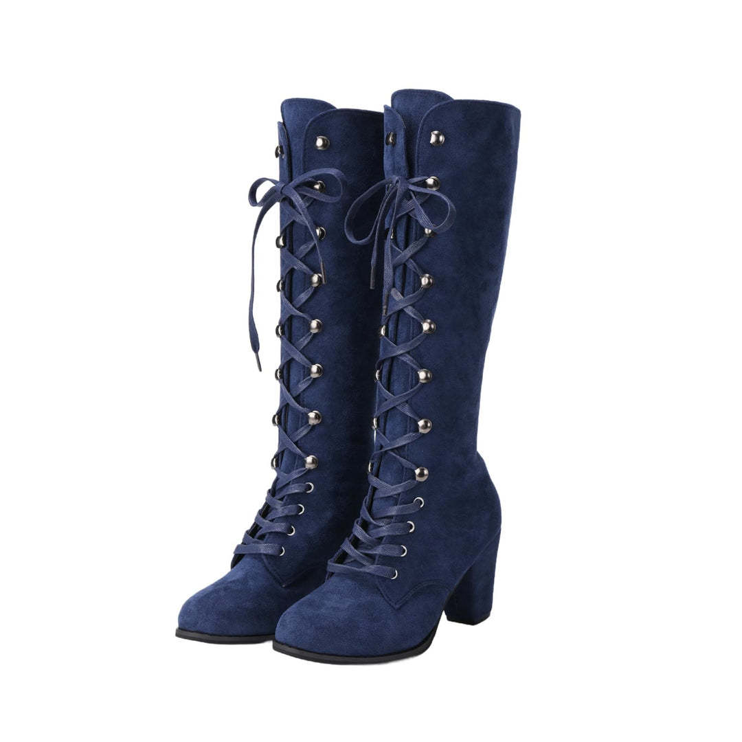 WorldNorse Women Chunky Heel Lace Up Mid Calf Boots - Blue - 43 - image 5