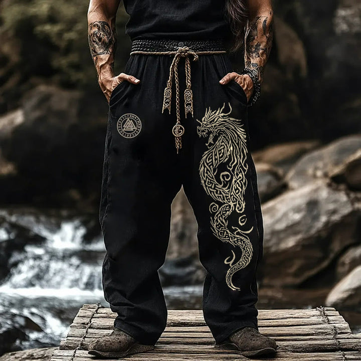 WorldNorse Viking Norse Dragon Valknut Rune Linen Pants - US/UK/AU50,EU60 (5XL) - image 0