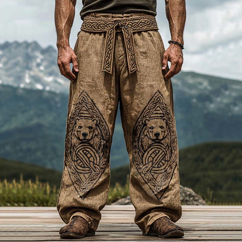 WorldNorse Mythology Viking Bear Celtic Knot Linen Pants - US/UK/AU50,EU60 (5XL) - image 0