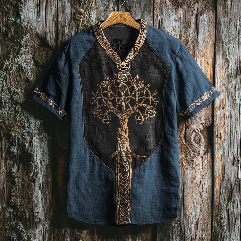 WorldNorse Viking Retro Yggdrasil Celtic Knot Linen V-neck T Shirt - Blue - US/UK/AU50,EU60 (5XL) - image 3