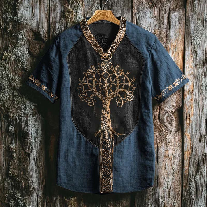 WorldNorse Viking Retro Yggdrasil Celtic Knot Linen V-neck T Shirt - Blue - US/UK/AU50,EU60 (5XL) - image 3