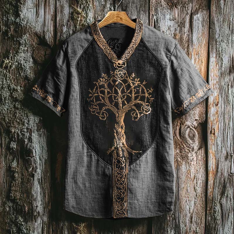 WorldNorse Viking Retro Yggdrasil Celtic Knot Linen V-neck T Shirt - Dark Grey - US/UK/AU50,EU60 (5XL) - image 4