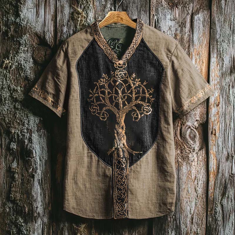 WorldNorse Viking Retro Yggdrasil Celtic Knot Linen V-neck T Shirt - Khaki - US/UK/AU50,EU60 (5XL) - image 1