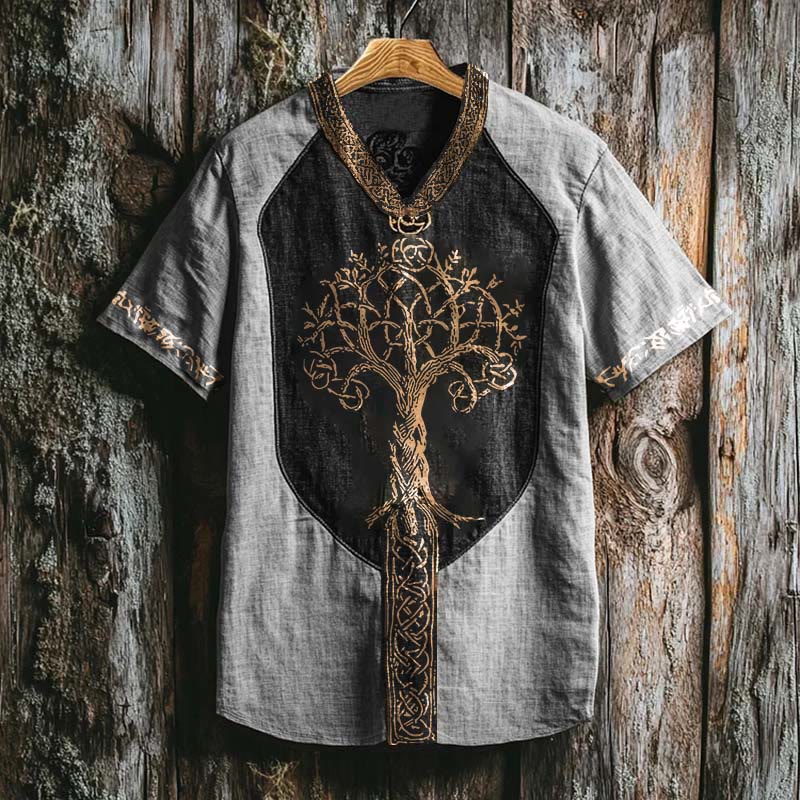WorldNorse Viking Retro Yggdrasil Celtic Knot Linen V-neck T Shirt - Grey - US/UK/AU50,EU60 (5XL) - image 2