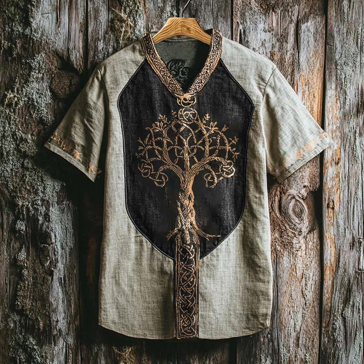 WorldNorse Viking Retro Yggdrasil Celtic Knot Linen V-neck T Shirt - Green - US/UK/AU50,EU60 (5XL) - image 0