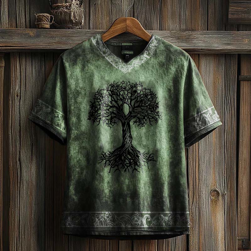 WorldNorse Celtic Knot Tree Of Life Printed Linen V-neck T Shirt - Green - US/UK/AU50,EU60 (5XL) - image 3