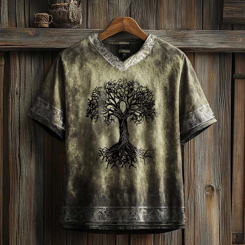 WorldNorse Celtic Knot Tree Of Life Printed Linen V-neck T Shirt - Khaki - US/UK/AU50,EU60 (5XL) - image 2
