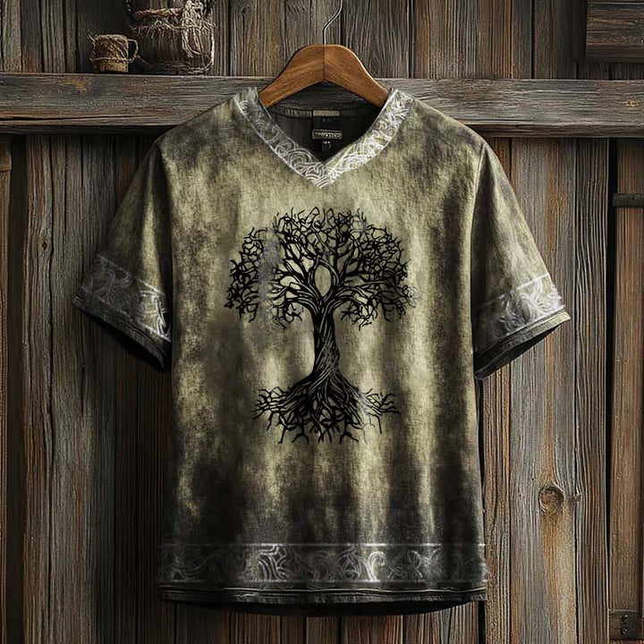 WorldNorse Celtic Knot Tree Of Life Printed Linen V-neck T Shirt - Khaki - US/UK/AU50,EU60 (5XL) - image 2