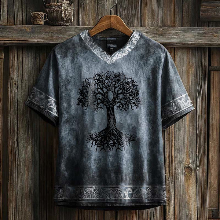 WorldNorse Celtic Knot Tree Of Life Printed Linen V-neck T Shirt - Blue - US/UK/AU50,EU60 (5XL) - image 1