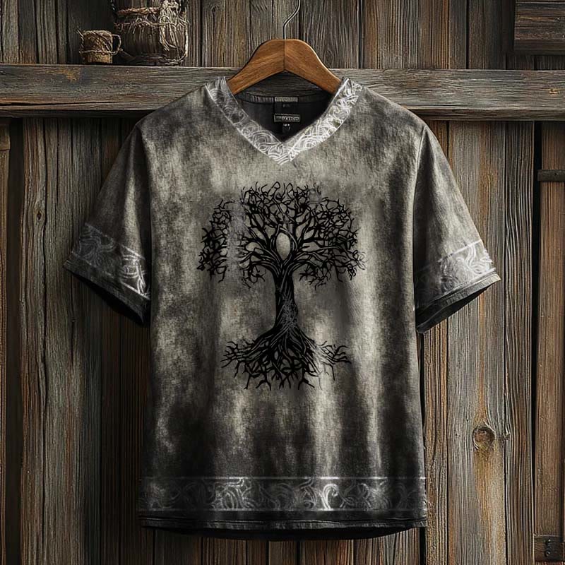 WorldNorse Celtic Knot Tree Of Life Printed Linen V-neck T Shirt - Grey - US/UK/AU50,EU60 (5XL) - image 0