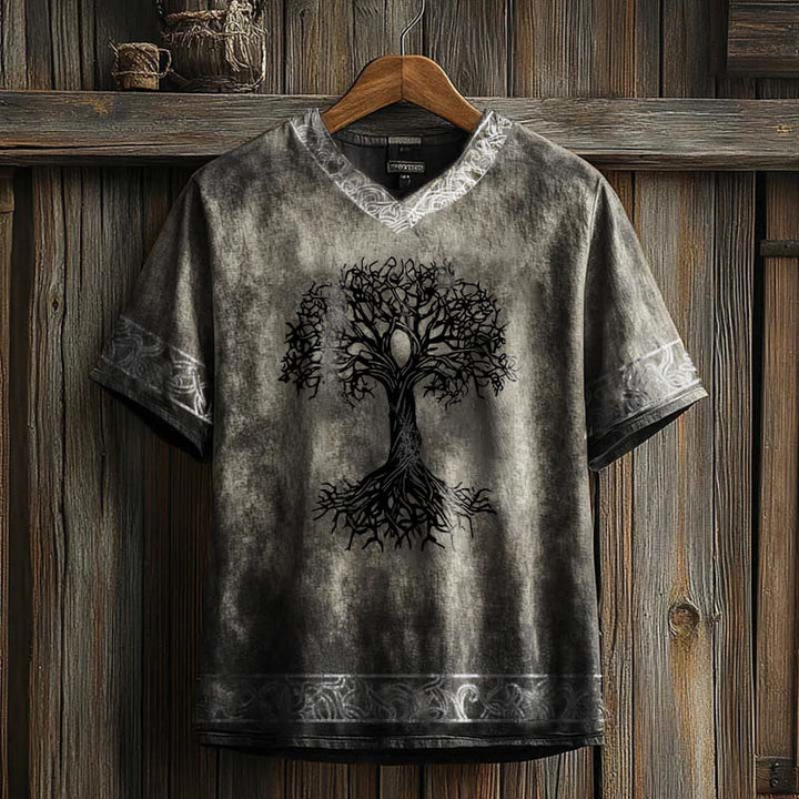 WorldNorse Celtic Knot Tree Of Life Printed Linen V-neck T Shirt - Grey - US/UK/AU50,EU60 (5XL) - image 0