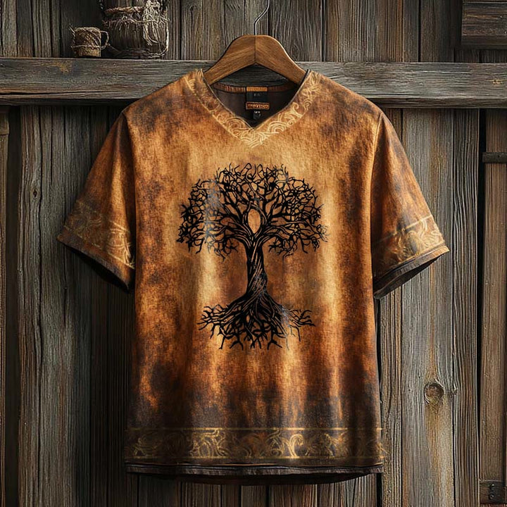 WorldNorse Celtic Knot Tree Of Life Printed Linen V-neck T Shirt - Orange & Brown - US/UK/AU50,EU60 (5XL) - image 4