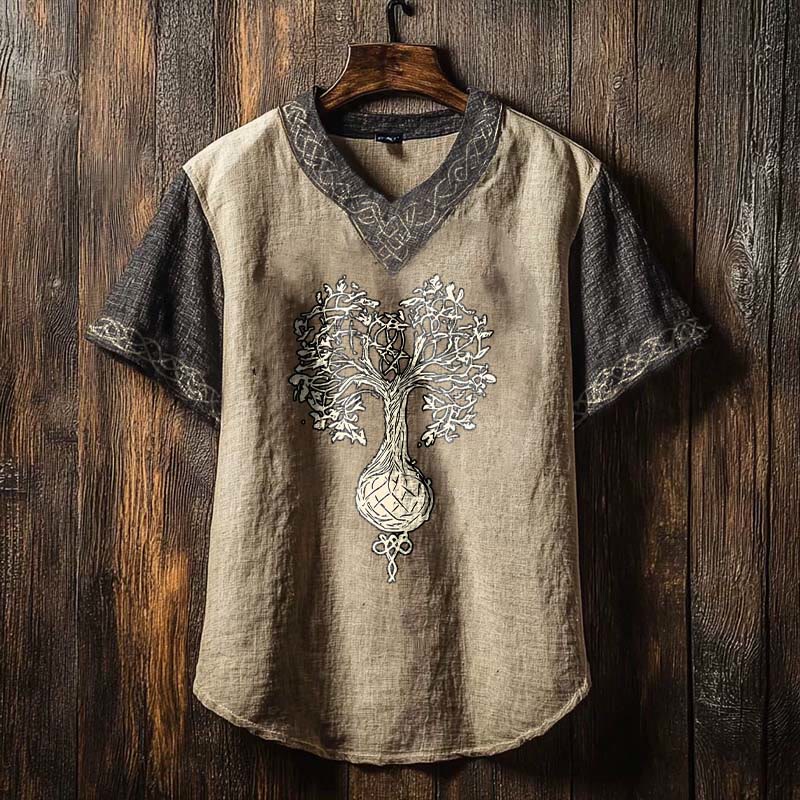 WorldNorse Men's Yggdrasil Totem Linen V-neck T Shirt - US/UK/AU50,EU60 (5XL) - image 0