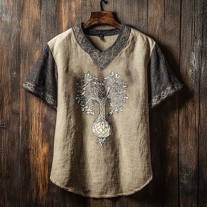 WorldNorse Men's Yggdrasil Totem Linen V-neck T Shirt - US/UK/AU50,EU60 (5XL) - image 0