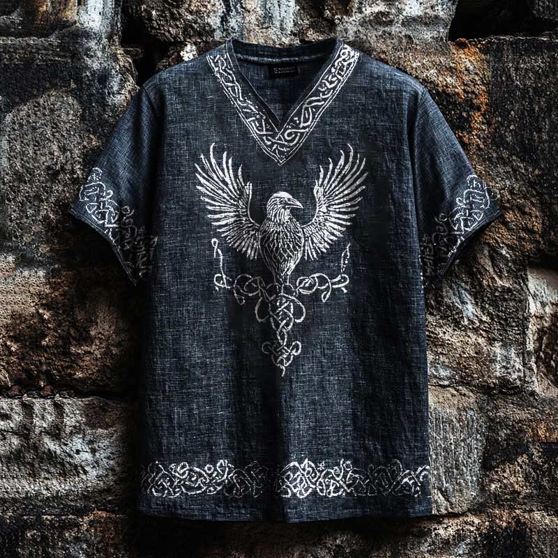 WorldNorse Viking Mythology Raven Celtic Knot Linen V-neck T Shirt - US/UK/AU50,EU60 (5XL) - image 0