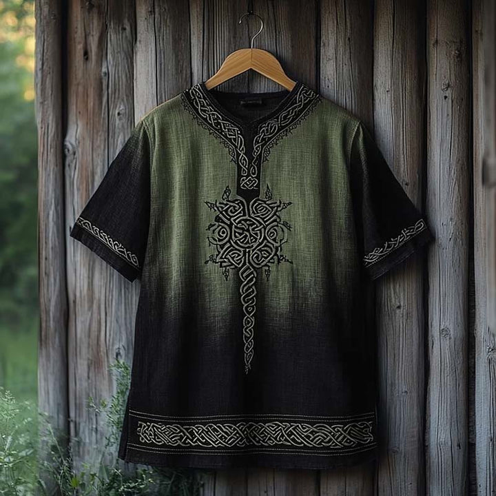 WorldNorse Viking Celtic Knot Printed Gradient Linen V-neck T Shirt - Green & Black - US/UK/AU50,EU60 (5XL) - image 3