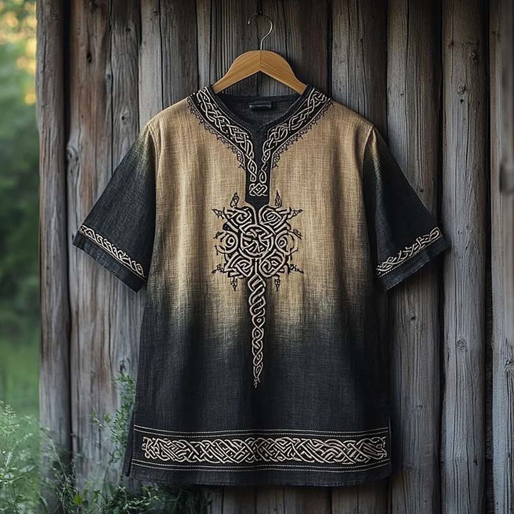 WorldNorse Viking Celtic Knot Printed Gradient Linen V-neck T Shirt - Khaki & Black - US/UK/AU50,EU60 (5XL) - image 2