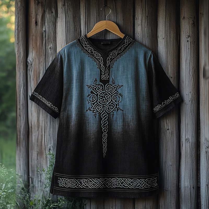 WorldNorse Viking Celtic Knot Printed Gradient Linen V-neck T Shirt - Blue & Black - US/UK/AU50,EU60 (5XL) - image 4