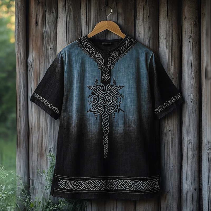 WorldNorse Viking Celtic Knot Printed Gradient Linen V-neck T Shirt - Blue & Black - US/UK/AU50,EU60 (5XL) - image 4