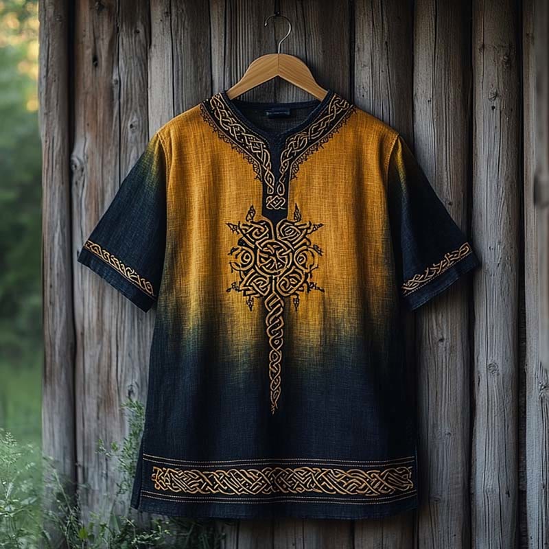 WorldNorse Viking Celtic Knot Printed Gradient Linen V-neck T Shirt - Blue & Yellow - US/UK/AU50,EU60 (5XL) - image 0