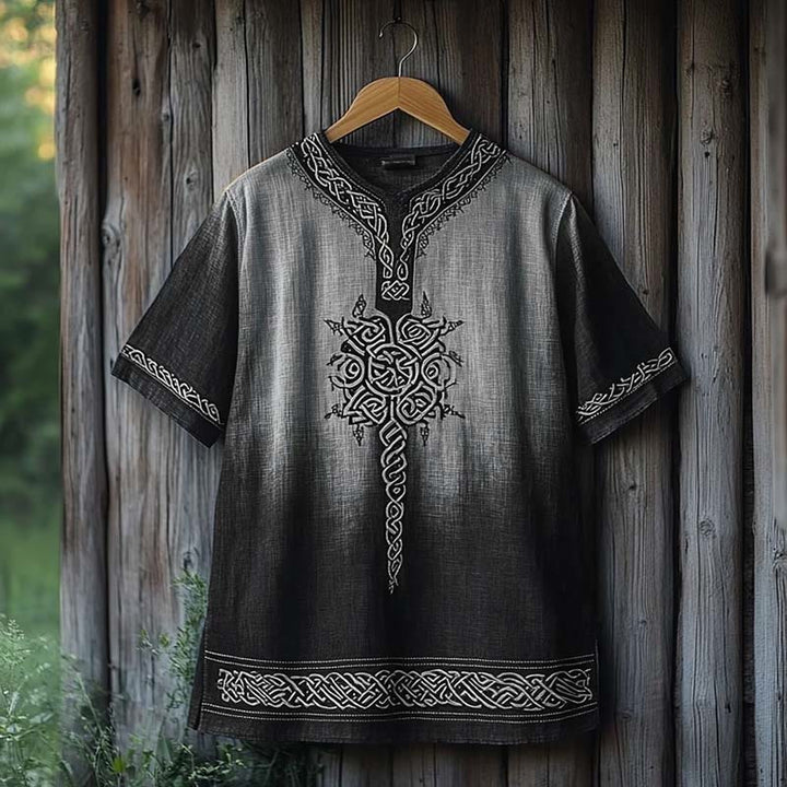 WorldNorse Viking Celtic Knot Printed Gradient Linen V-neck T Shirt - Grey & Black - US/UK/AU50,EU60 (5XL) - image 1