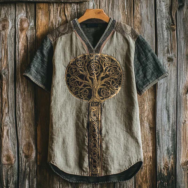WorldNorse Gold Lush Tree Of Life Linen V-neck T Shirt - US/UK/AU50,EU60 (5XL) - image 0