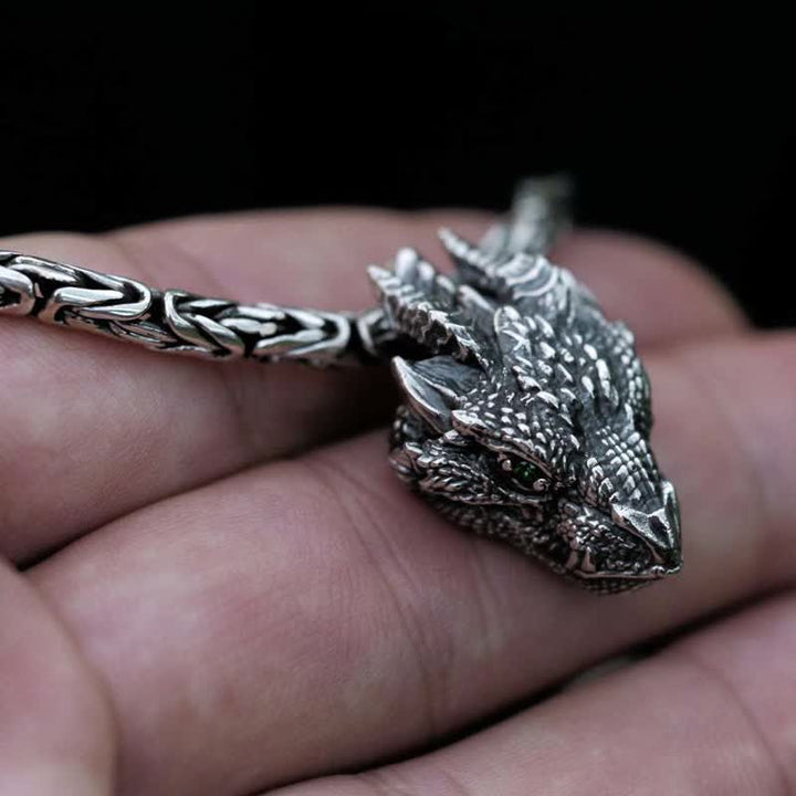 WorldNorse Men's Viking Green Eye Dragon Head Necklace